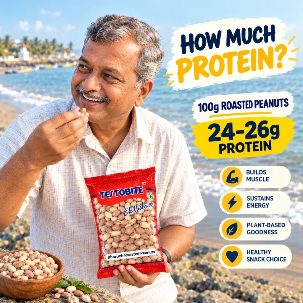 How Much Protein Is in 100g of Roasted Peanuts? Roasted peanuts typically provide approximately 24–26 grams of protein per 100 grams.