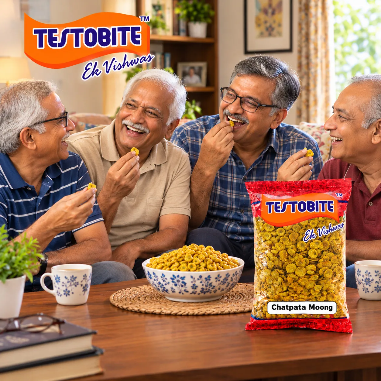 Testobite Moong Chatpata 200g 3 Old Age Friends Enjoying Chatpata Moong